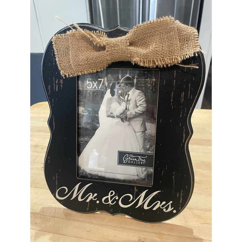5x7 Mr. & Mrs. Rustic Farmhouse Barn Wood   Burlap Bow Wedding Picture Frame New